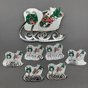 WM A Rogers Christmas Sleigh Trivet Coaster Set Silver Plated Enamel Holiday Lot